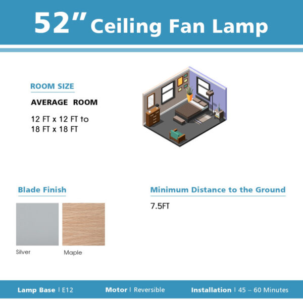 52 Inches Ceiling Fan with Wooden Blades and Remote Control - Image 3