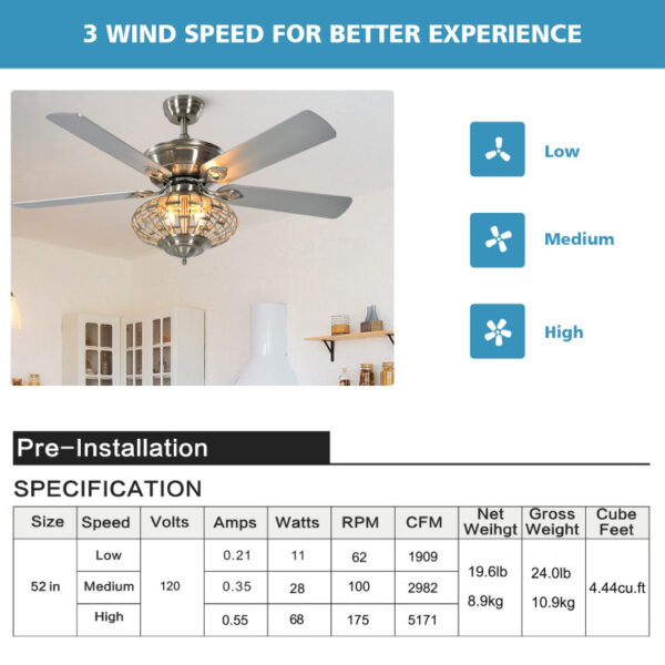 52 Inches Ceiling Fan with Wooden Blades and Remote Control - Image 4