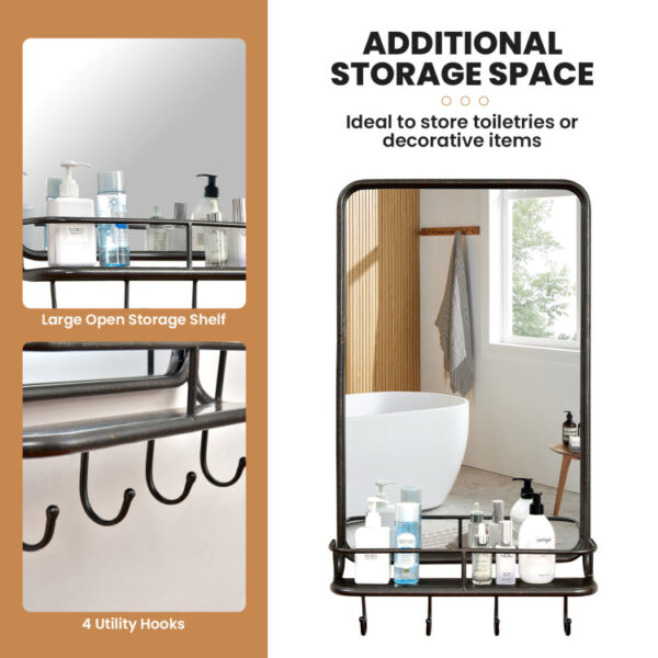 Wall Bathroom Mirror with Shelf Hooks Sturdy Metal Frame for Bedroom Living Room - Image 5