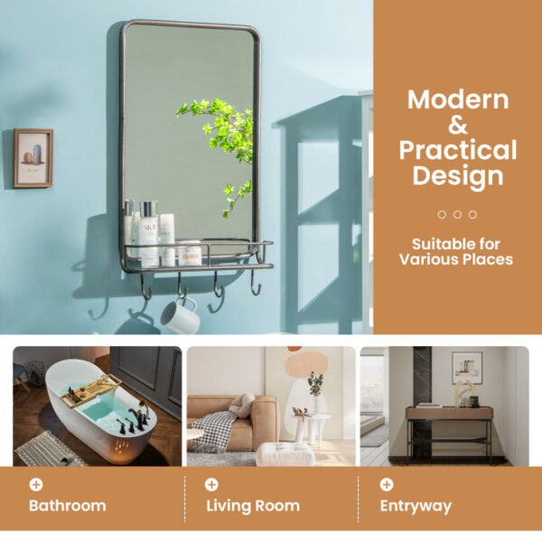 Wall Bathroom Mirror with Shelf Hooks Sturdy Metal Frame for Bedroom Living Room - Image 4