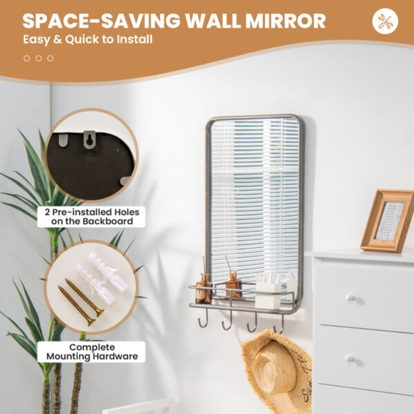 Wall Bathroom Mirror with Shelf Hooks Sturdy Metal Frame for Bedroom Living Room - Image 2