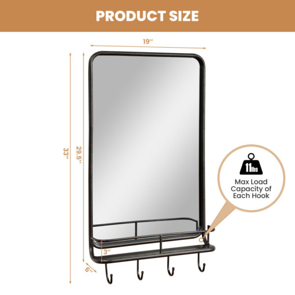 Wall Bathroom Mirror with Shelf Hooks Sturdy Metal Frame for Bedroom Living Room - Image 10