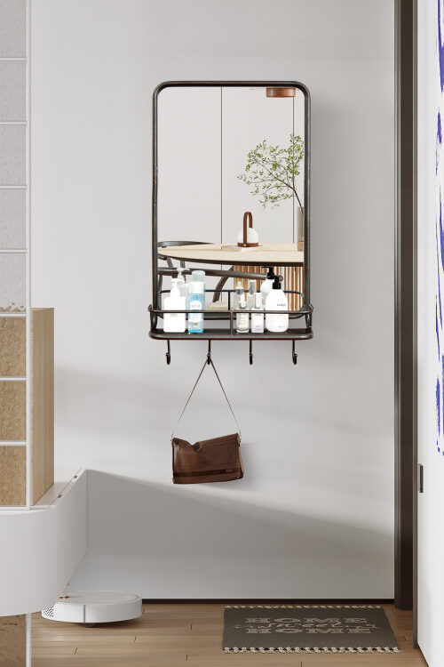 Wall Bathroom Mirror with Shelf Hooks Sturdy Metal Frame for Bedroom Living Room